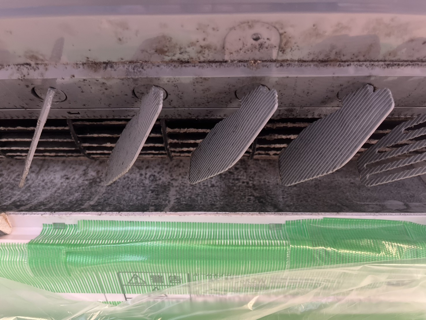 清掃前のカビや汚れが付着したエアコン内部