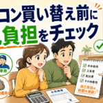 エアコン買い替え前に本体価格・工事費・処分費などの自己負担を確認する漫画風イラスト