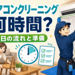 エアコンクリーニングの作業時間と当日の準備を示す漫画風イラスト