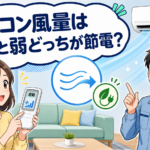 エアコンの風量を自動設定にして節電を考える漫画風イラスト