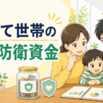 子育て世帯が生活防衛資金を家族で考える漫画風イラスト
