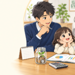 子どもの教育費を家族で計画する漫画風イラスト
