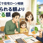 練馬区で住宅ローンの返済額を家族とFPが相談する漫画風イラスト
