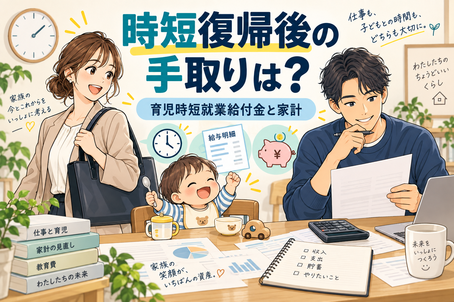 時短復帰後の手取りと育児時短就業給付金を家族で確認する漫画風イラスト